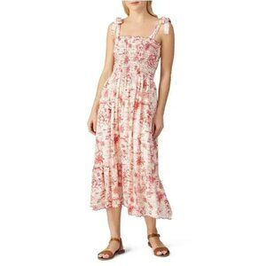 The Great The Lagoon Maxi Dress Red Palm Toile Smocked Bow Tie Straps Linen S